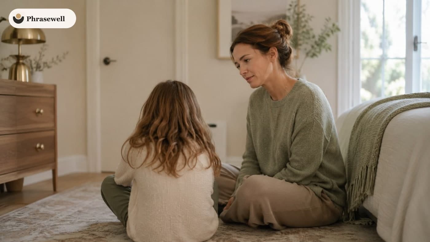 Parent sitting calmly with a child during a hard emotional moment at home